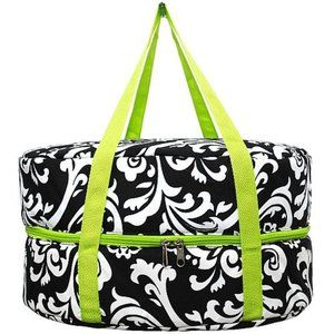 Black and Green Damask Insulated Crock Pot or Dessert Carrier